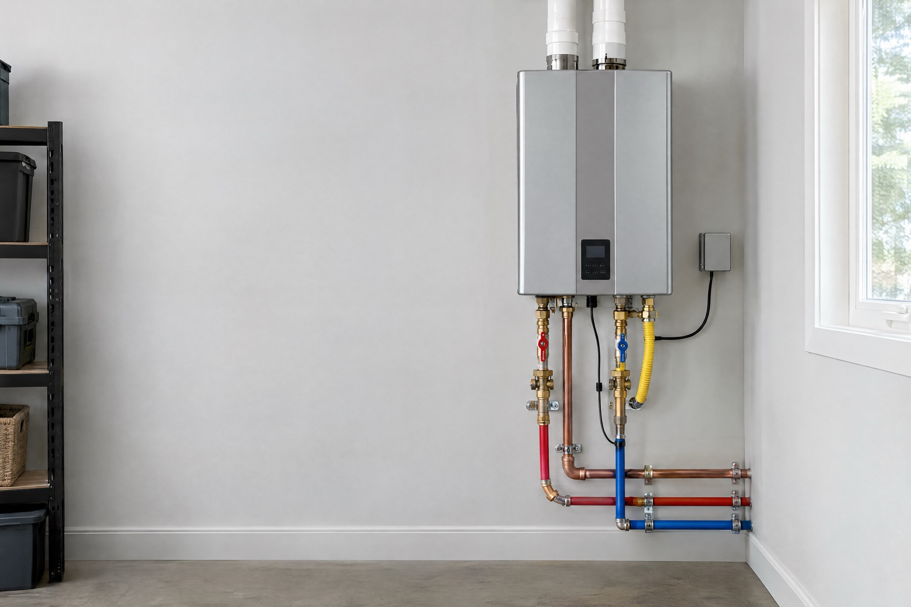 A wall-mounted tankless water heater in a bright utility room, with red, blue and yellow supply lines running below it