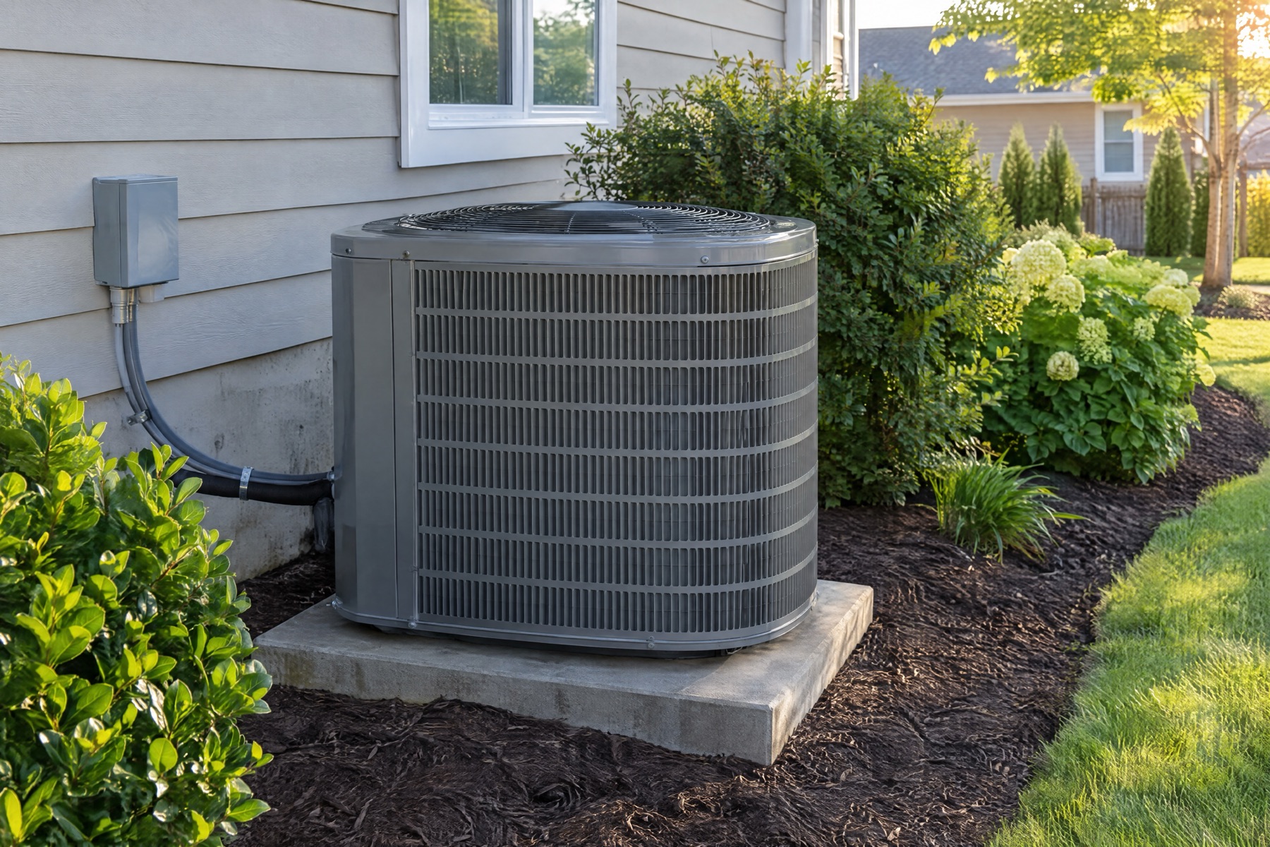A grey air-conditioning condenser on a concrete pad beside a sided house, surrounded by fresh mulch and green shrubs