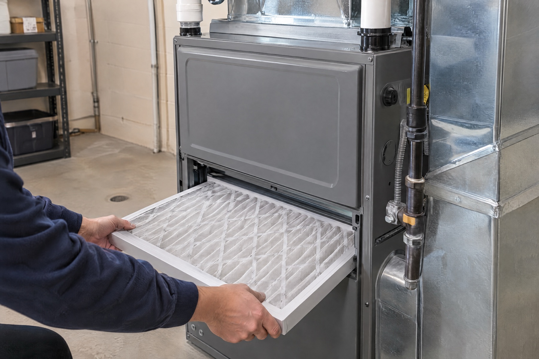 A technician sliding a fresh pleated filter into the filter slot of a grey high-efficiency furnace