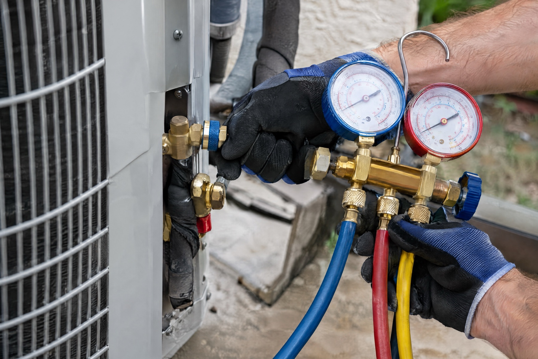 Gloved hands connecting blue and red refrigerant gauges to the service valves of an outdoor air-conditioning unit