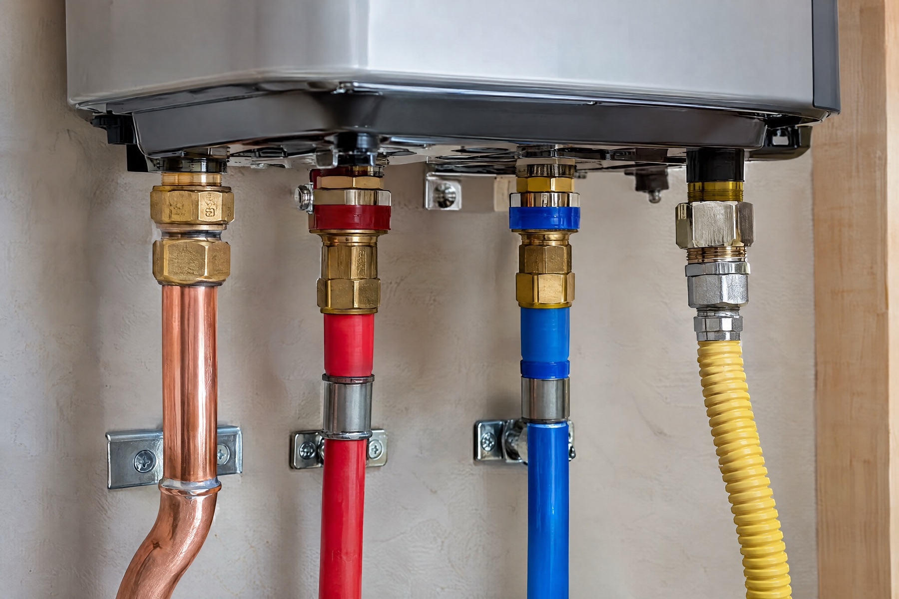 Underside of a tankless water heater with copper, red and blue PEX lines and a yellow gas connector, neatly clipped to the wall