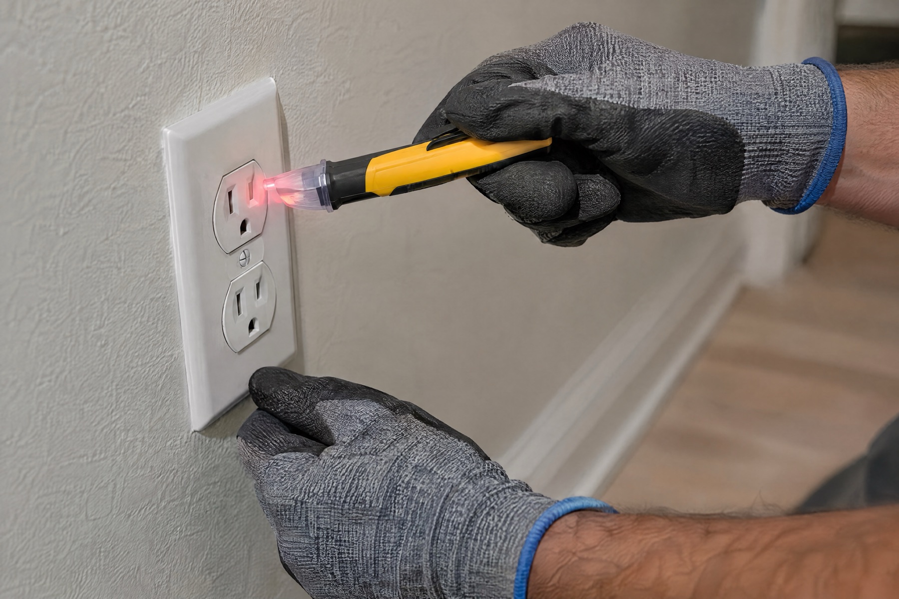 A gloved hand holding a yellow non-contact voltage tester to a white wall outlet, its red tip lit