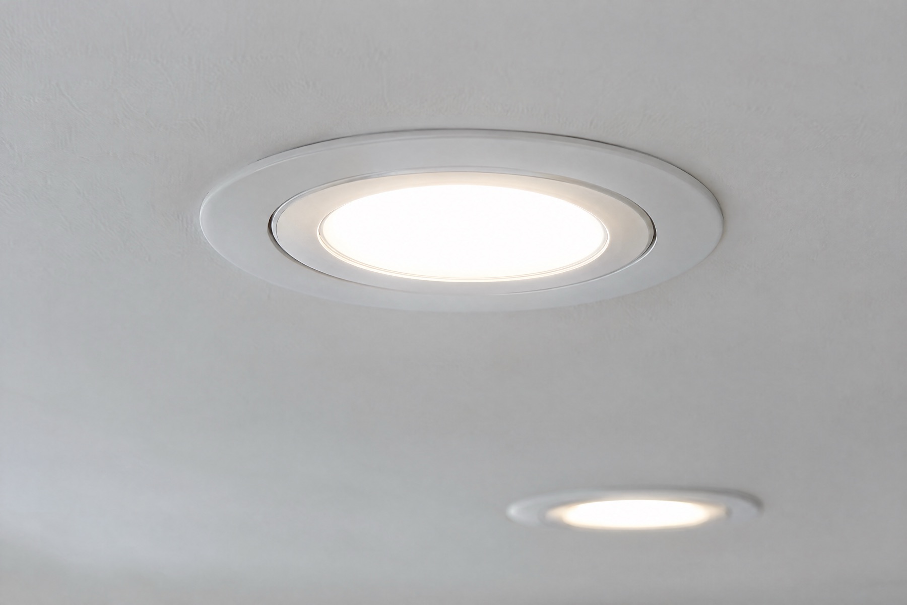 Two warm-white LED recessed lights glowing in a smooth white ceiling