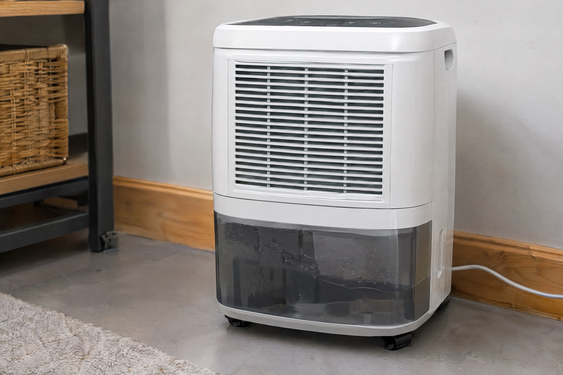 A white portable dehumidifier on the concrete floor of a finished basement