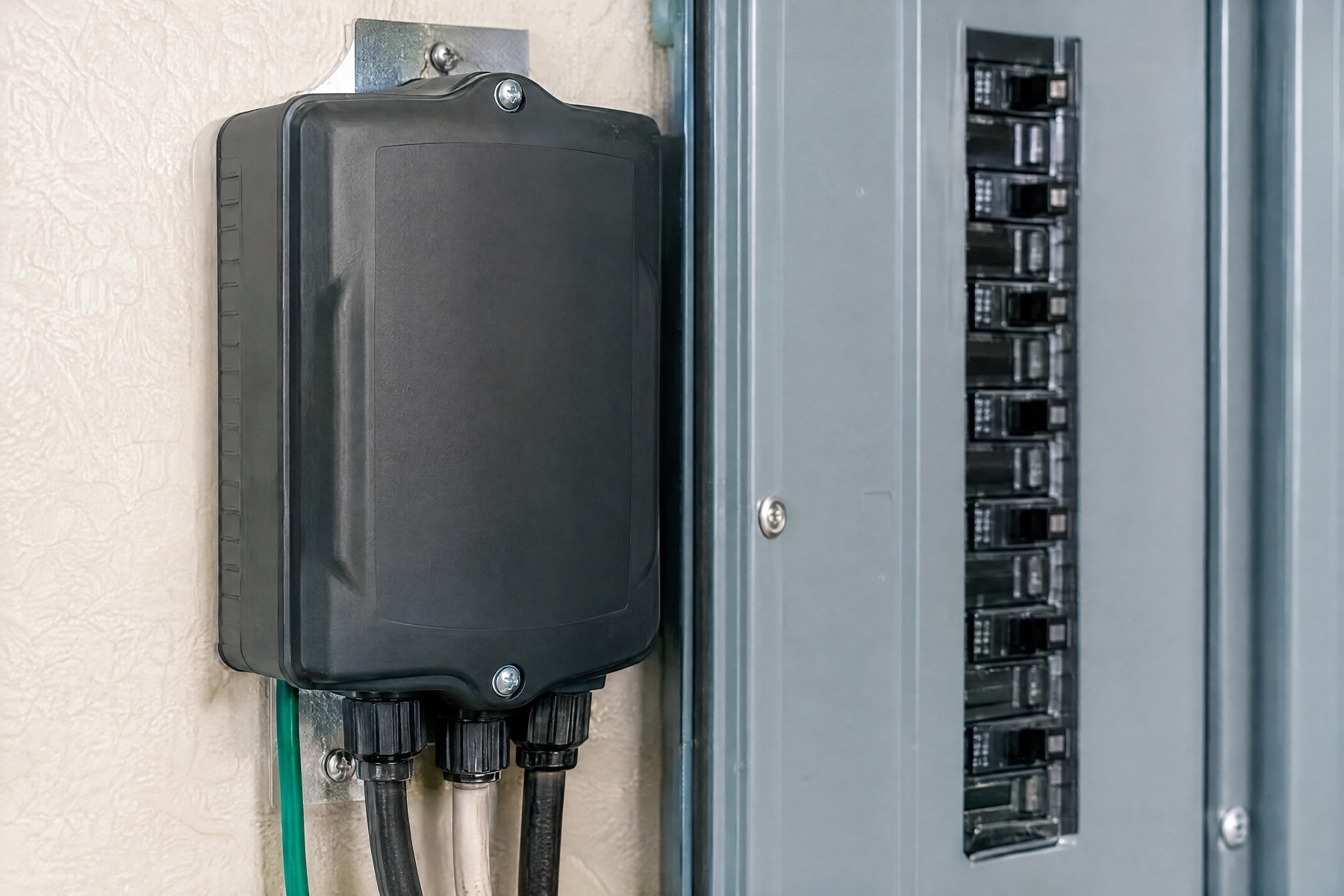 A black whole-house surge protector mounted on the wall beside a grey breaker panel